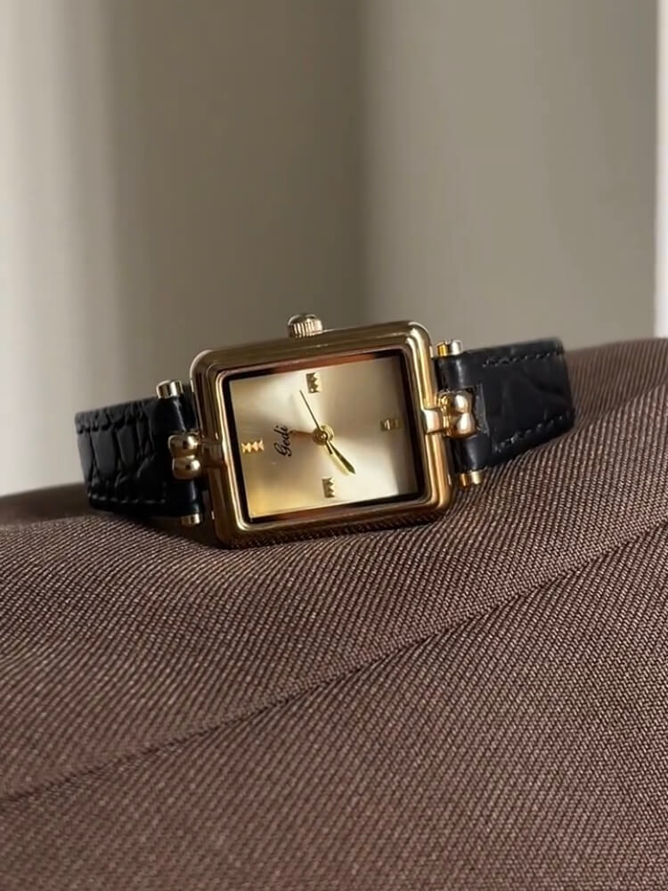 Vintage Style Gold Rectangle Face Black/Brown Leather Watch