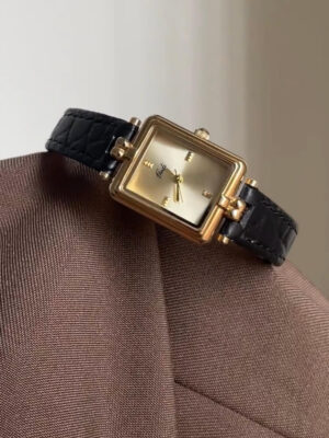 Vintage Style Gold Rectangle Face Black/Brown Leather Watch