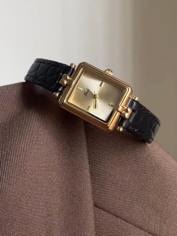 Vintage Style Gold Rectangle Face Black/Brown Leather Watch