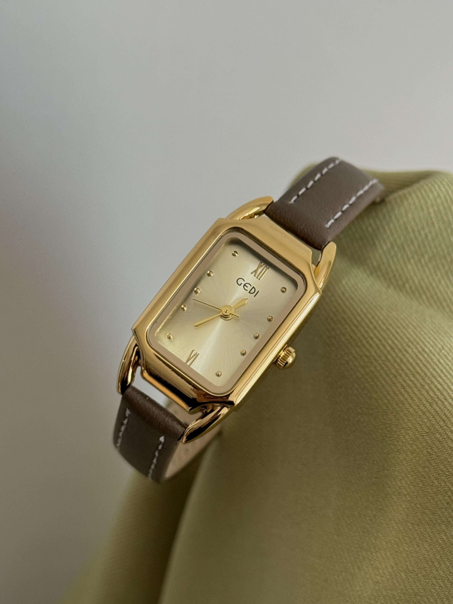 Minimalist Gold Rectangle Orange/Grey Genuine Leather Watch