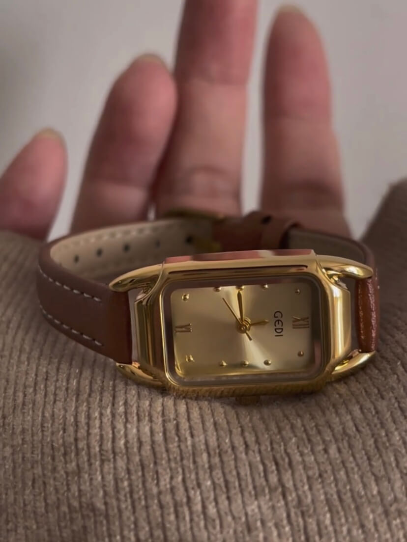 Minimalist Gold Rectangle Orange/Grey Genuine Leather Watch