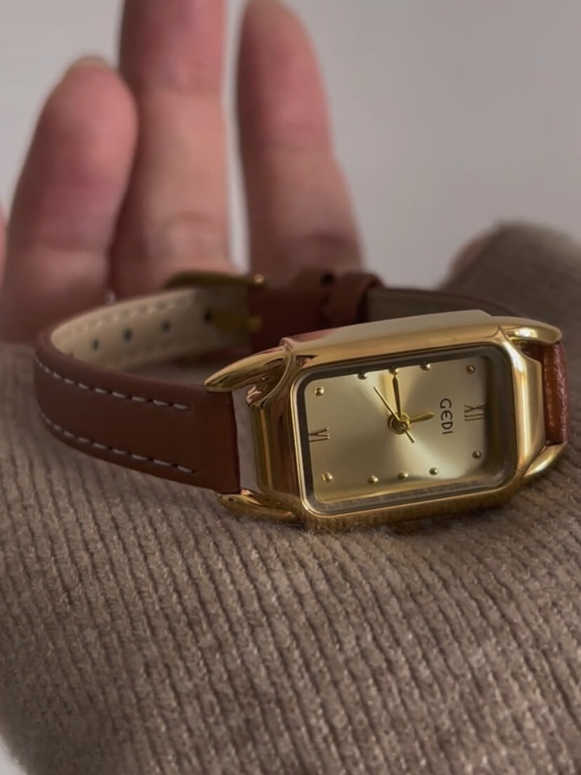 Minimalist Gold Rectangle Orange/Grey Genuine Leather Watch