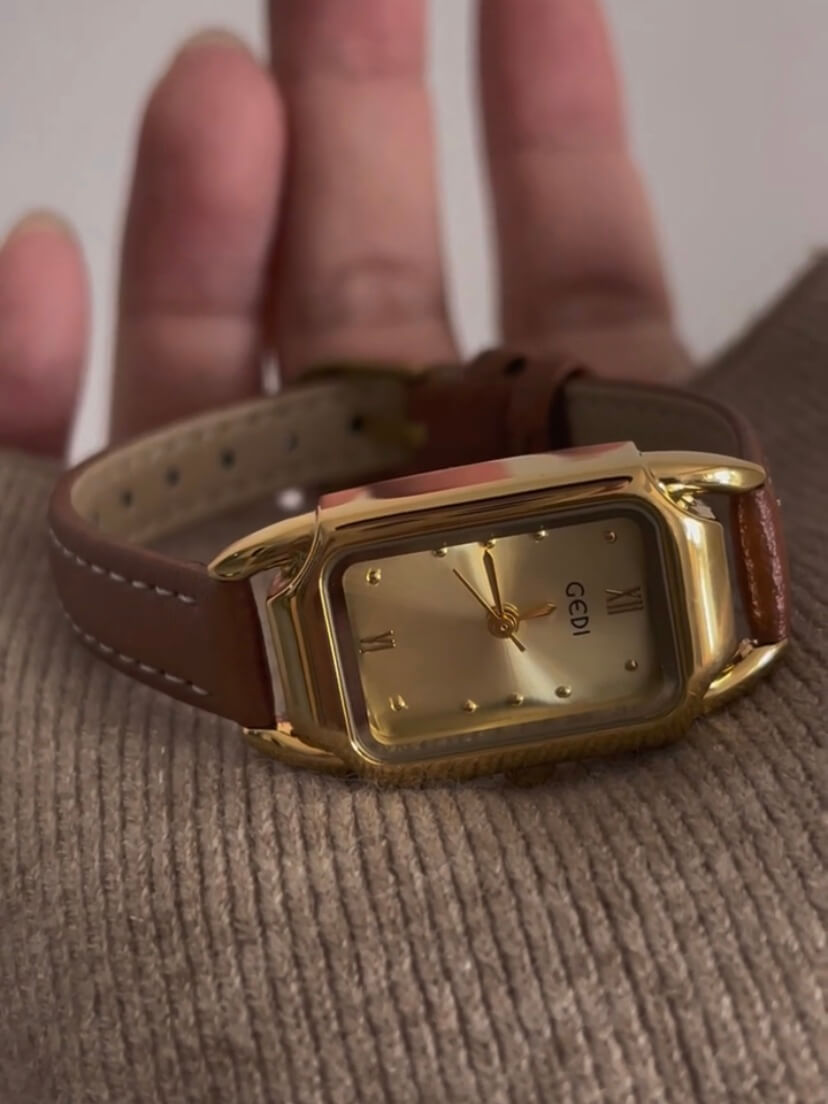 Minimalist Gold Rectangle Orange/Grey Genuine Leather Watch