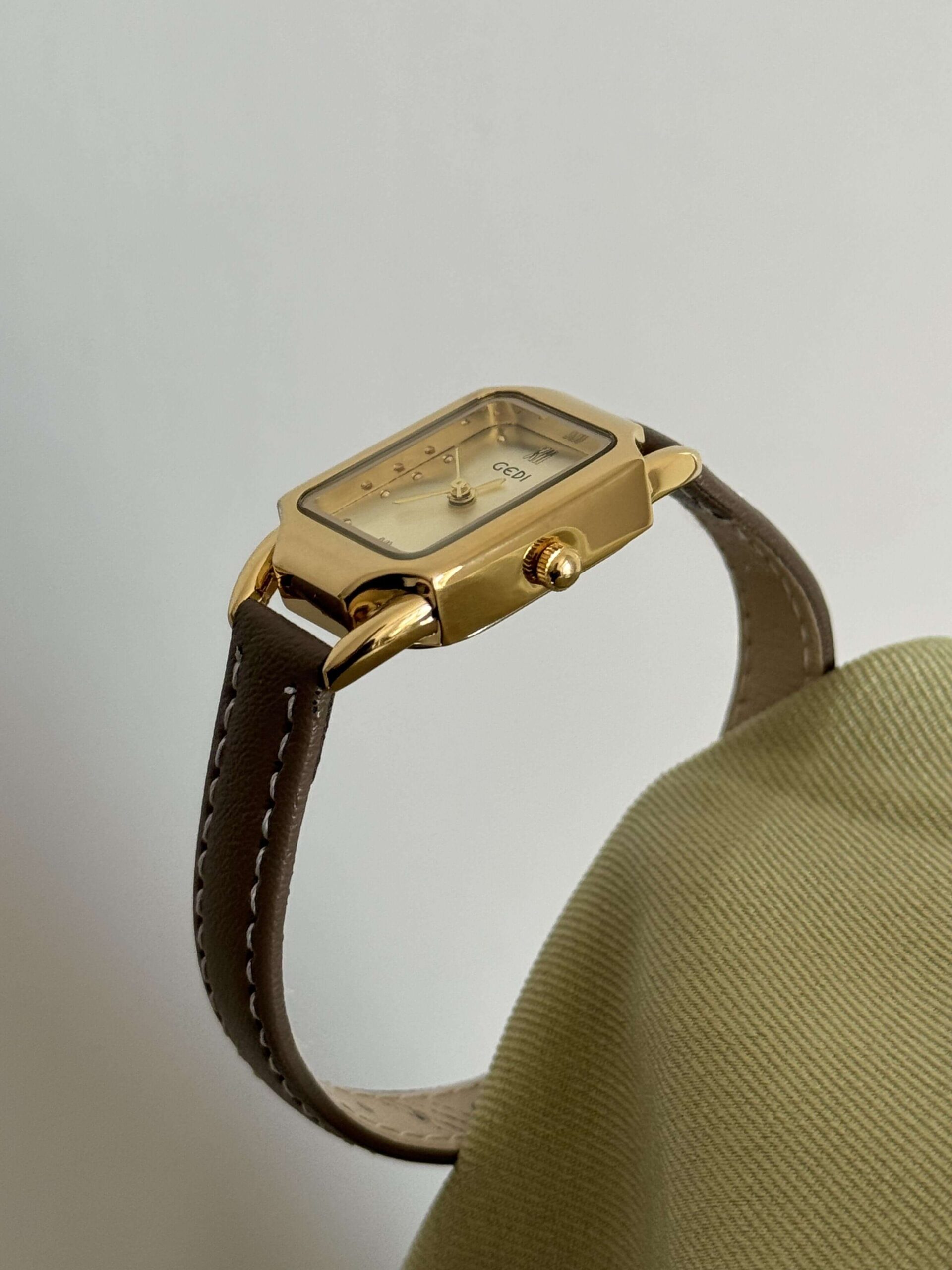 Minimalist Gold Rectangle Orange/Grey Genuine Leather Watch