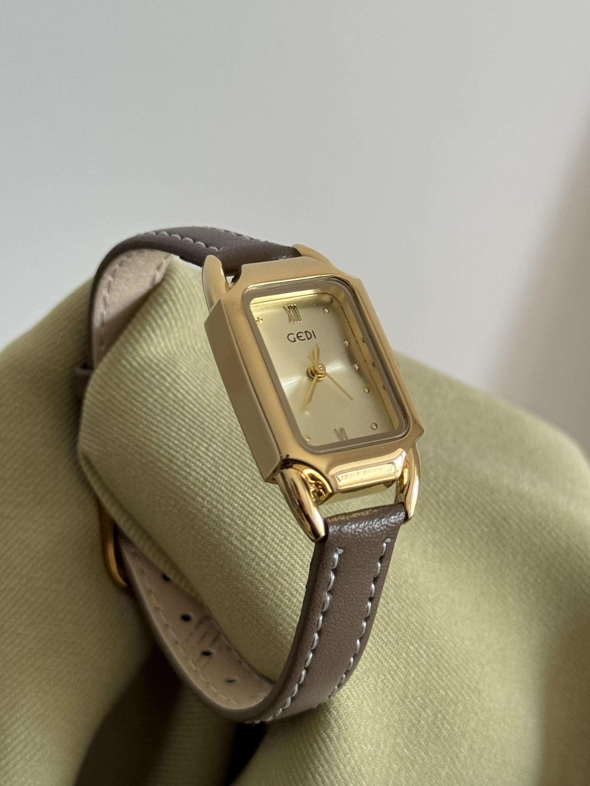 Minimalist Gold Rectangle Orange/Grey Genuine Leather Watch