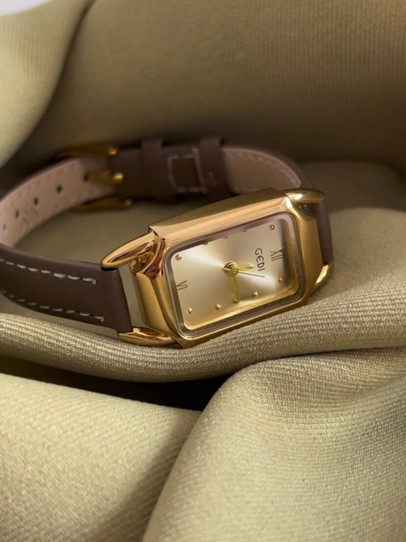 Minimalist Gold Rectangle Orange/Grey Genuine Leather Watch