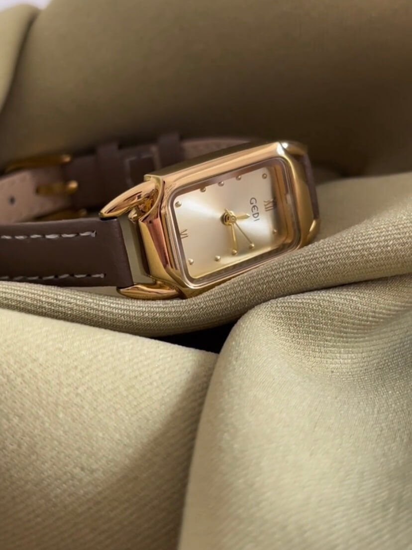 Minimalist Gold Rectangle Orange/Grey Genuine Leather Watch