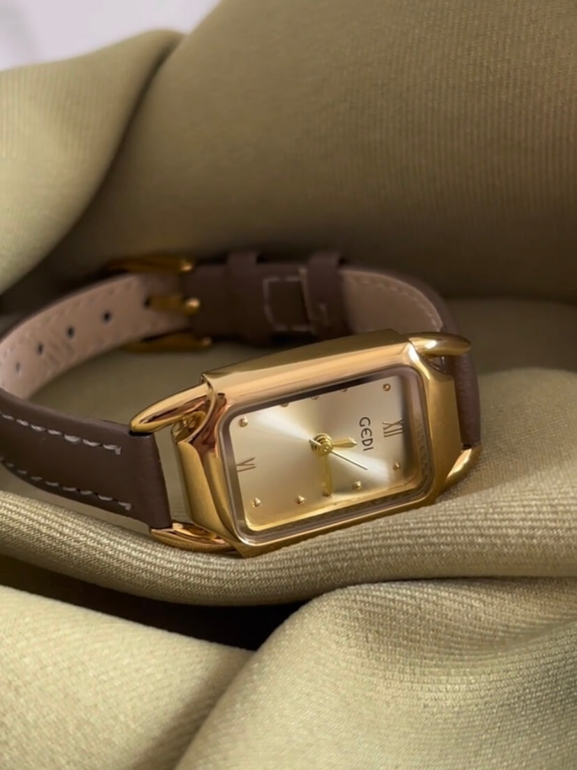 Minimalist Gold Rectangle Orange/Grey Genuine Leather Watch