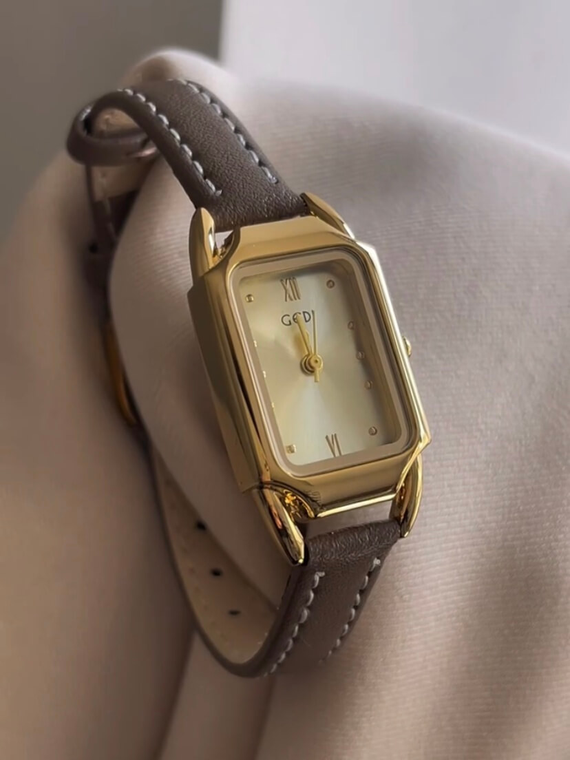 Minimalist Gold Rectangle Orange/Grey Genuine Leather Watch