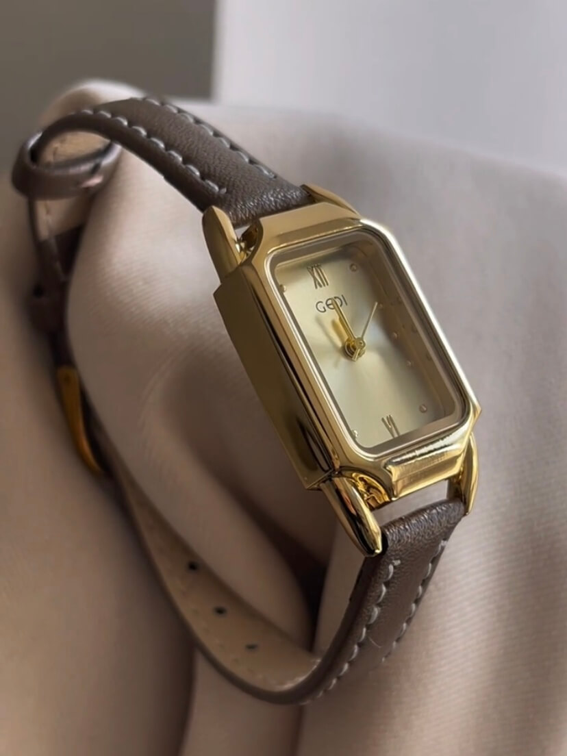 Minimalist Gold Rectangle Orange/Grey Genuine Leather Watch