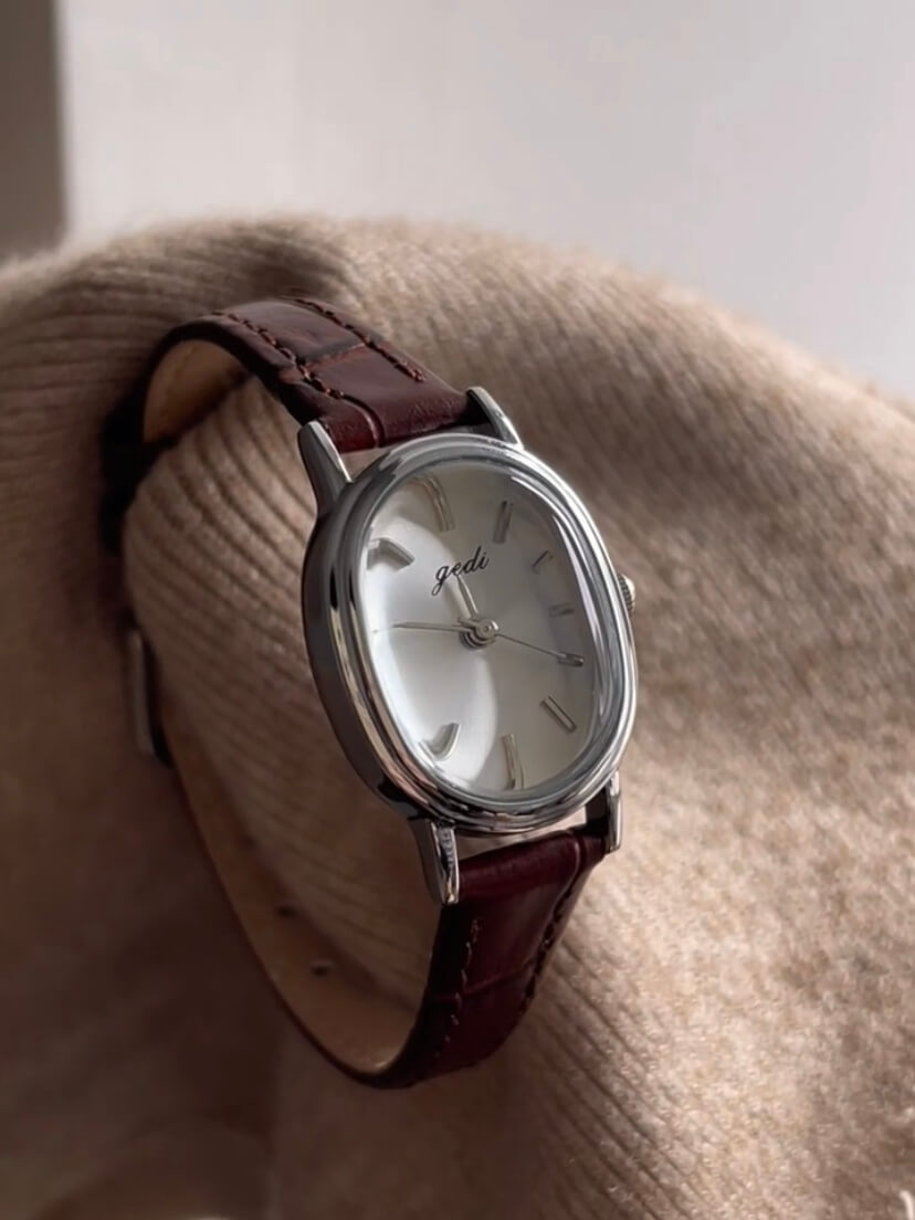 Vintage Oval Gold/Silver Face Black/Brown Leather Watch