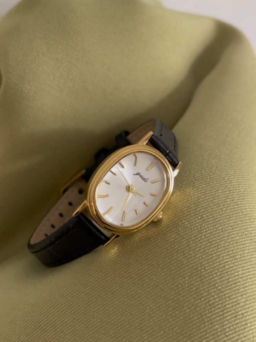 Vintage Oval Gold/Silver Face Black/Brown Leather Watch