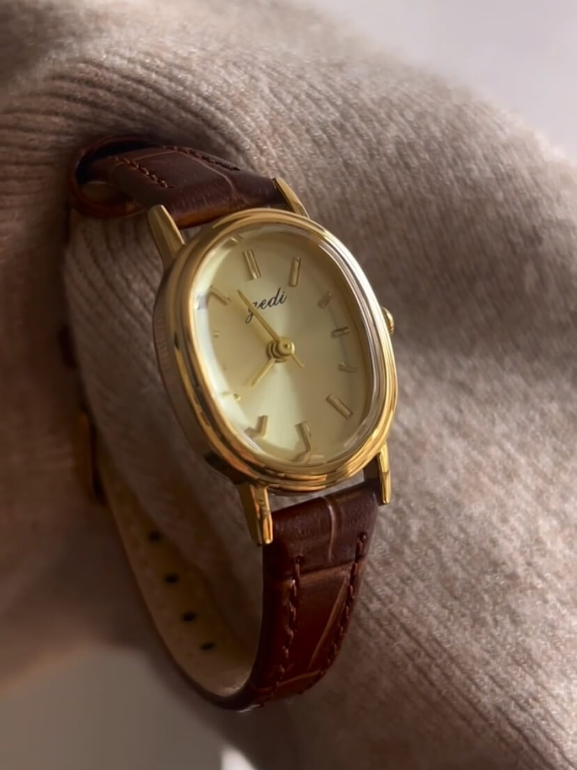 Vintage Oval Gold/Silver Face Black/Brown Leather Watch