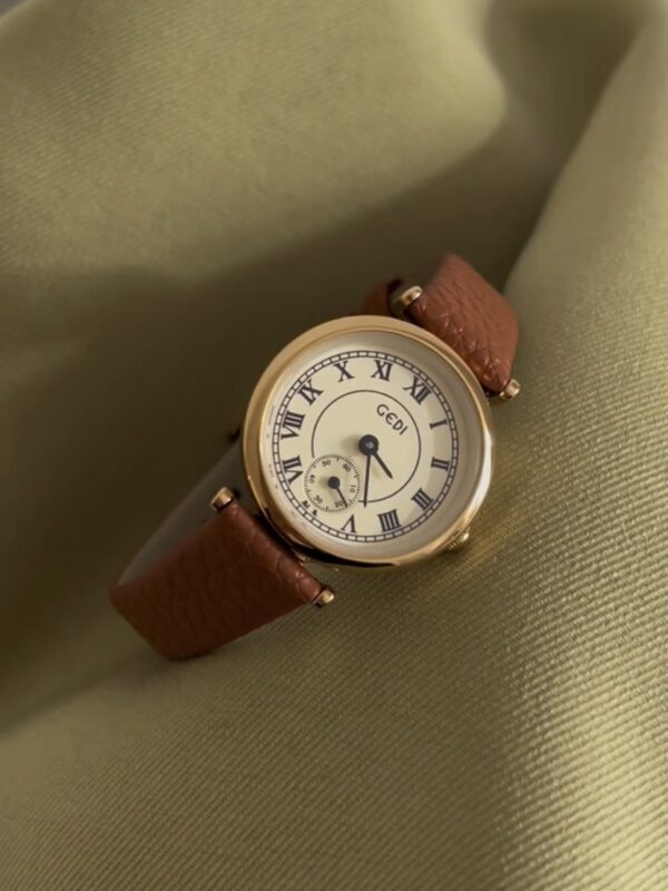 Gold Round Face Black/Grey/Orange Leather Watch
