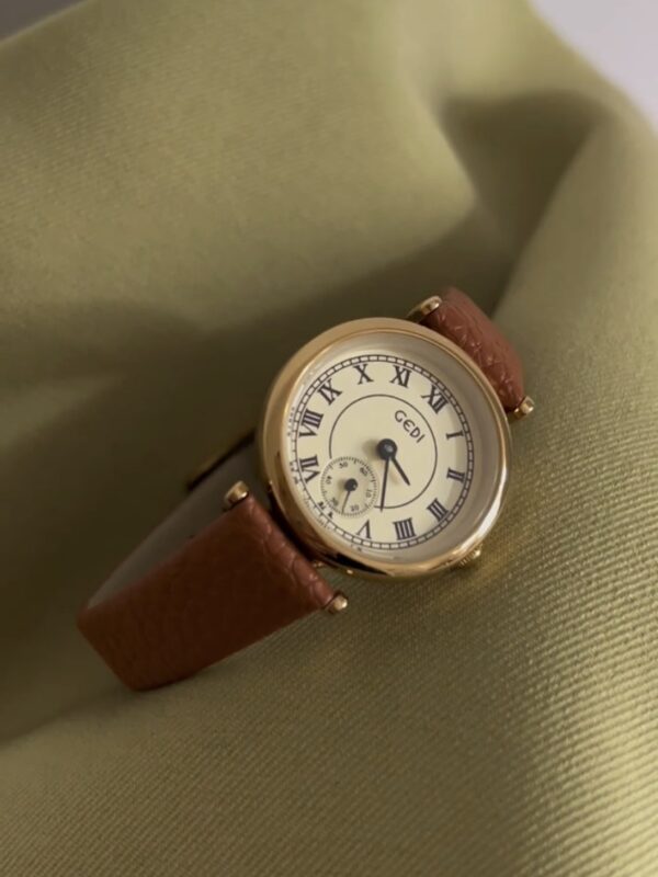 Gold Round Face Black/Grey/Orange Leather Watch
