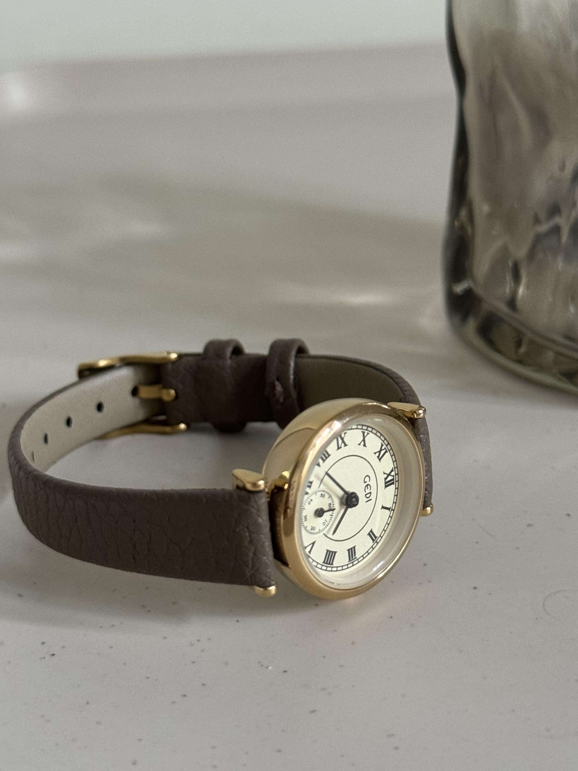 Gold Round Face Black/Grey/Orange Leather Watch