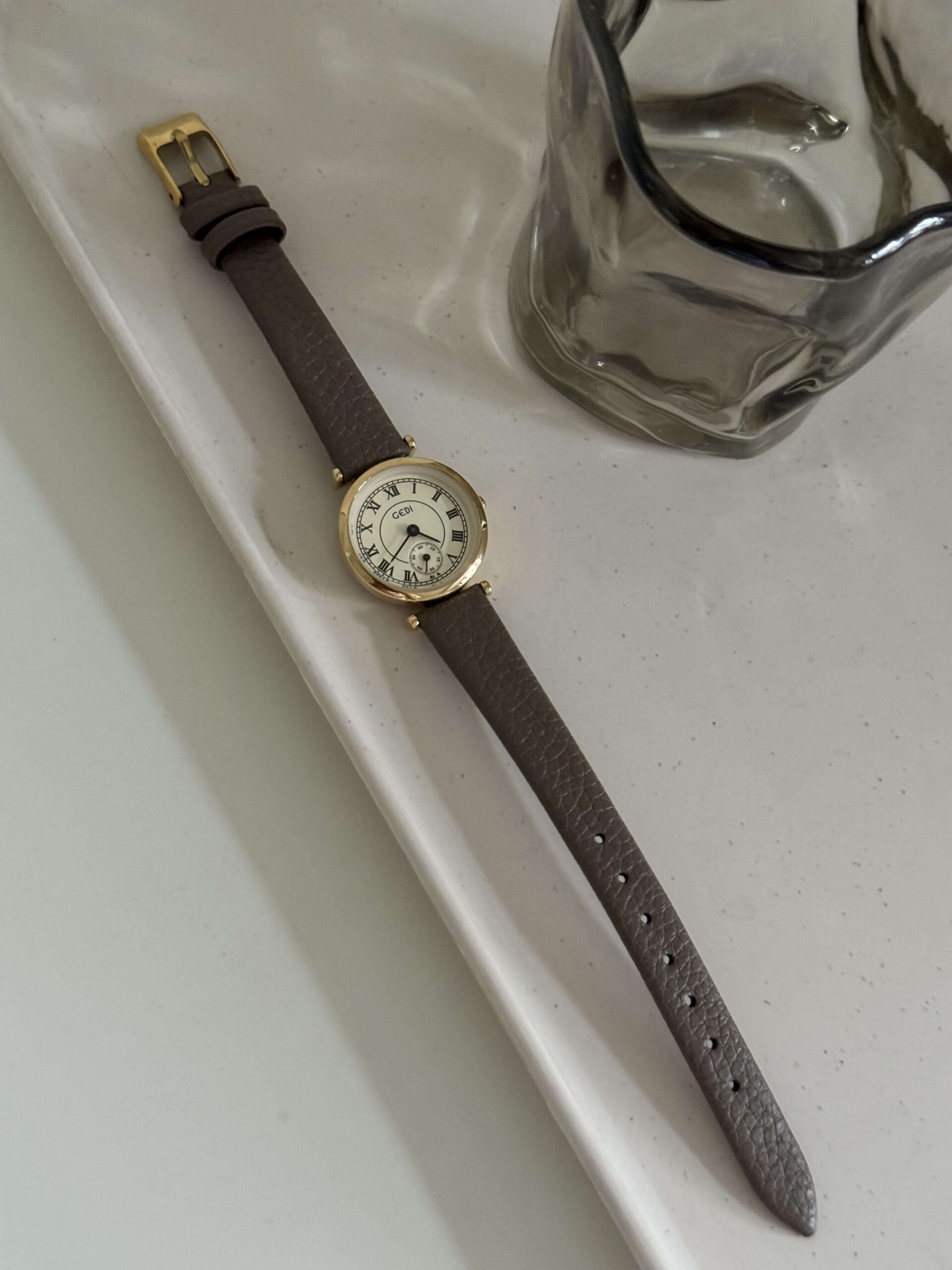 Gold Round Face Black/Grey/Orange Leather Watch