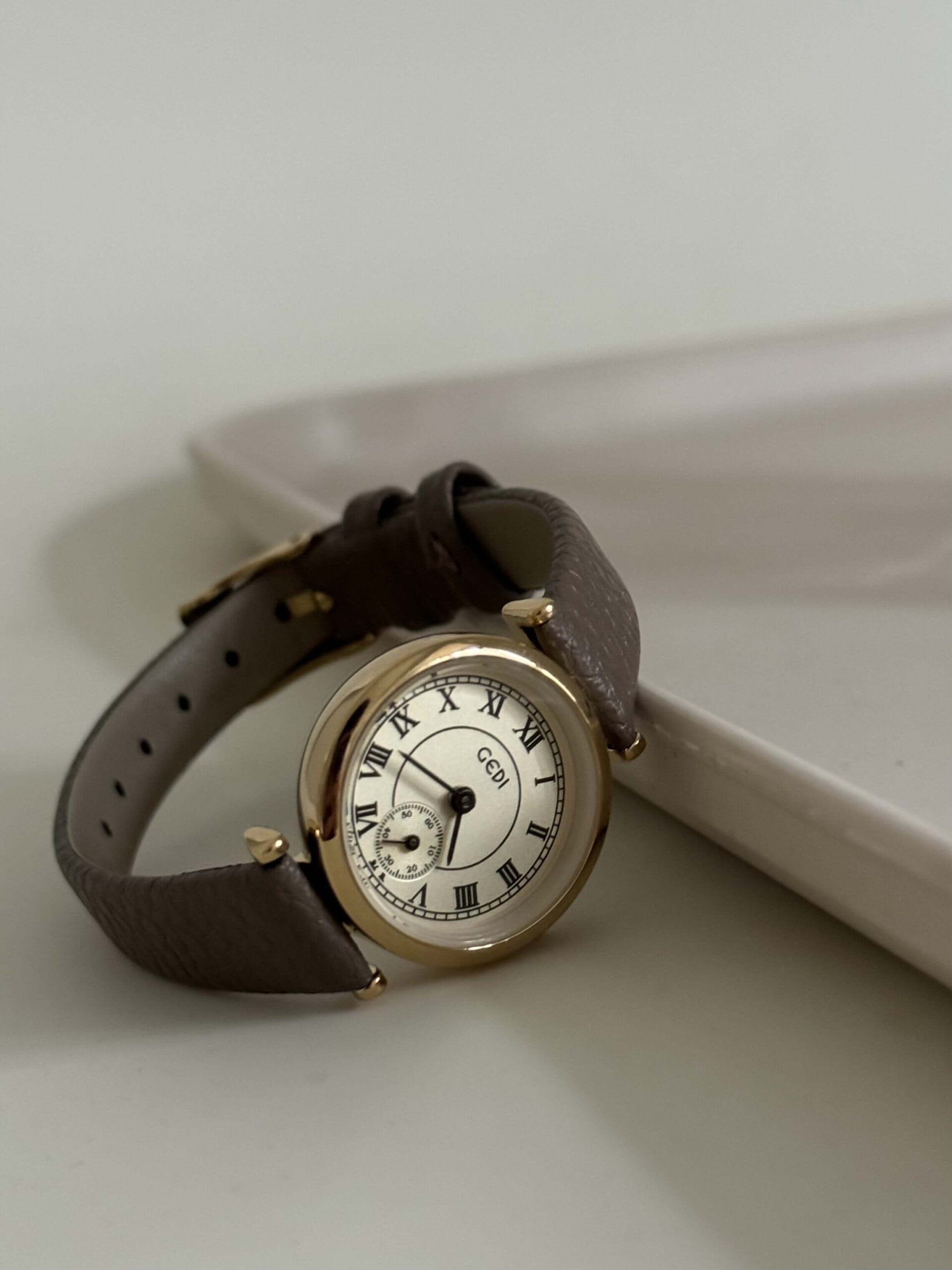 Gold Round Face Black/Grey/Orange Leather Watch