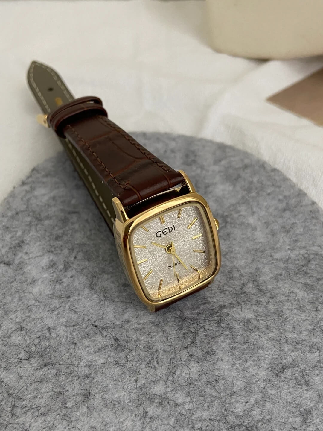 Vintage Style Gold Square Face Black/Brown Leather Watch