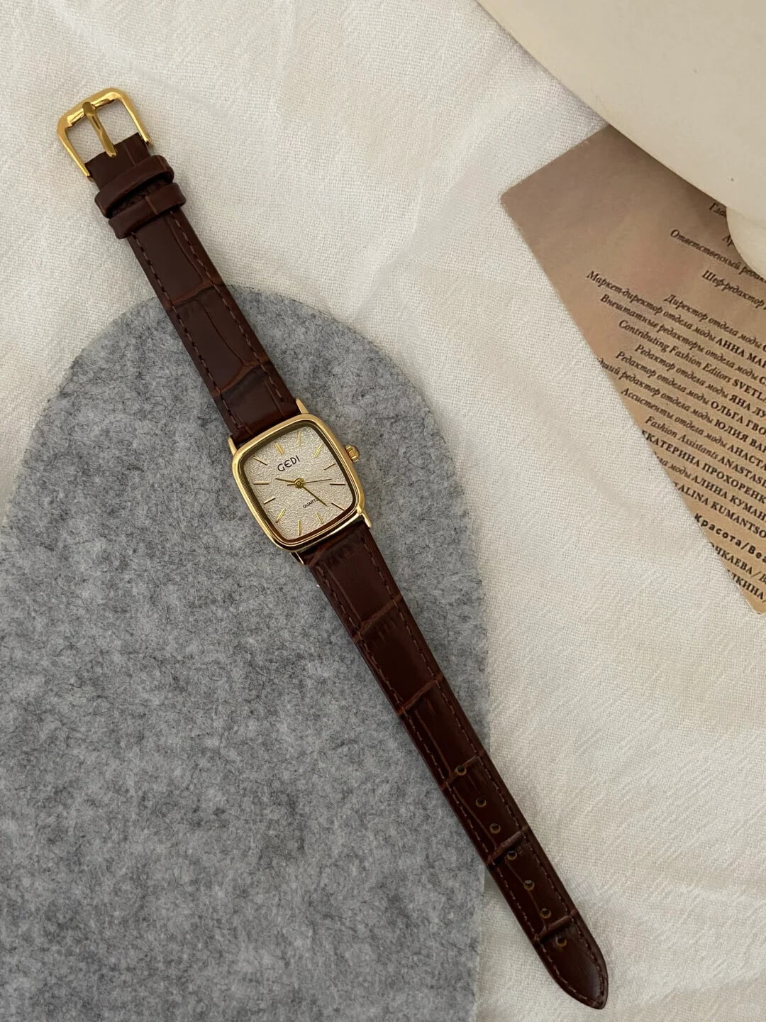 Vintage Style Gold Square Face Black/Brown Leather Watch