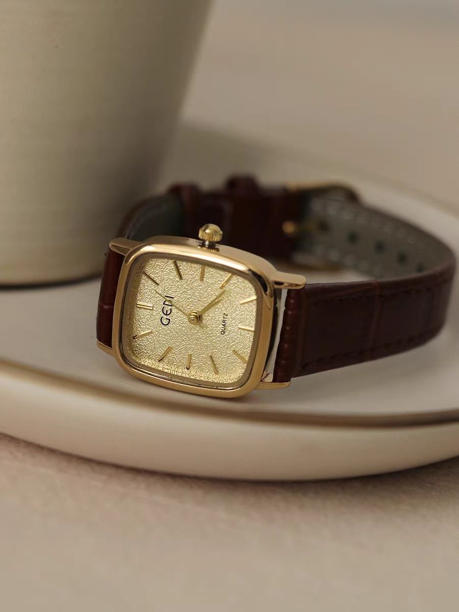 Vintage Style Gold Square Face Black/Brown Leather Watch