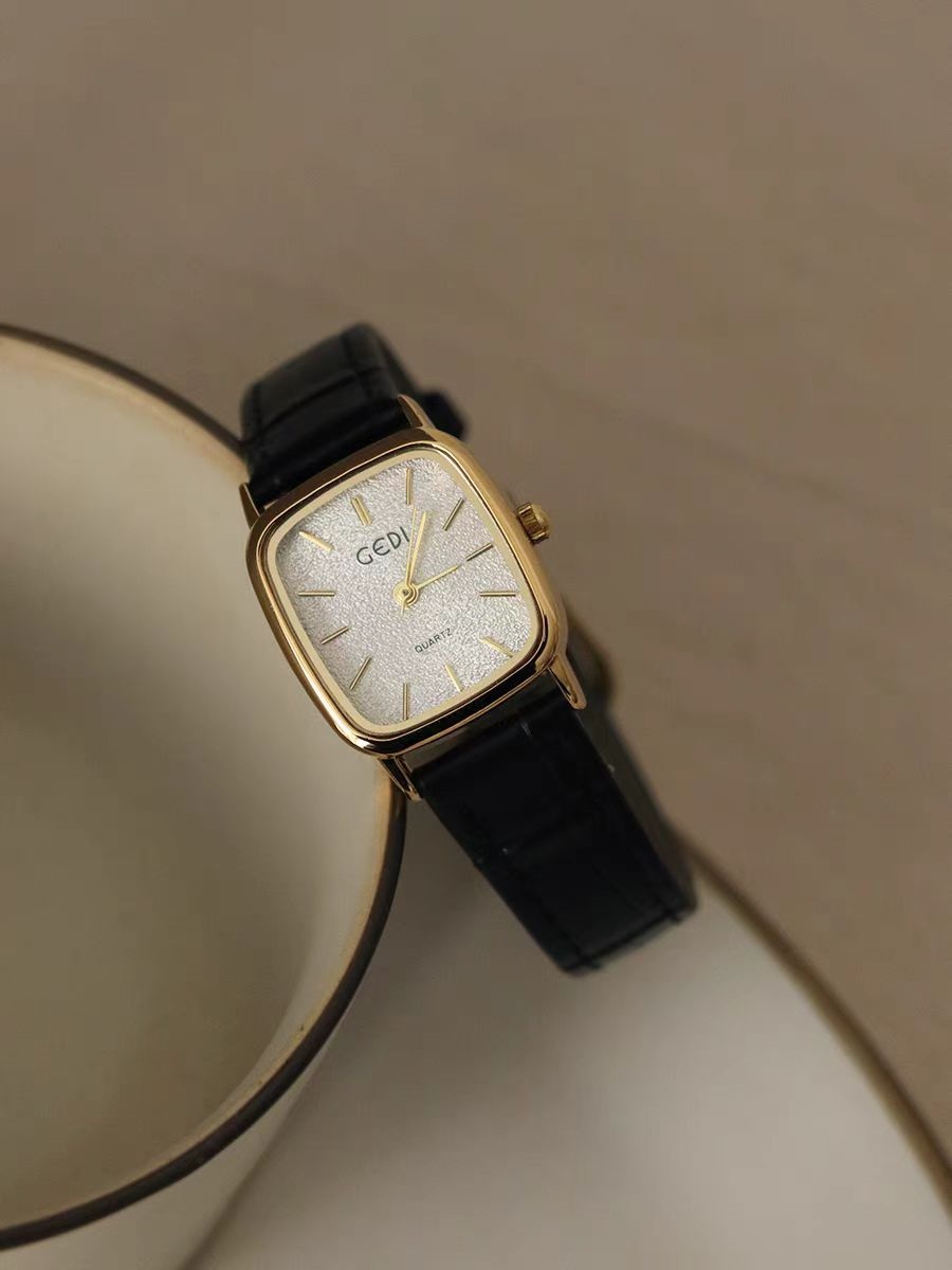 Vintage Style Gold Square Face Black/Brown Leather Watch