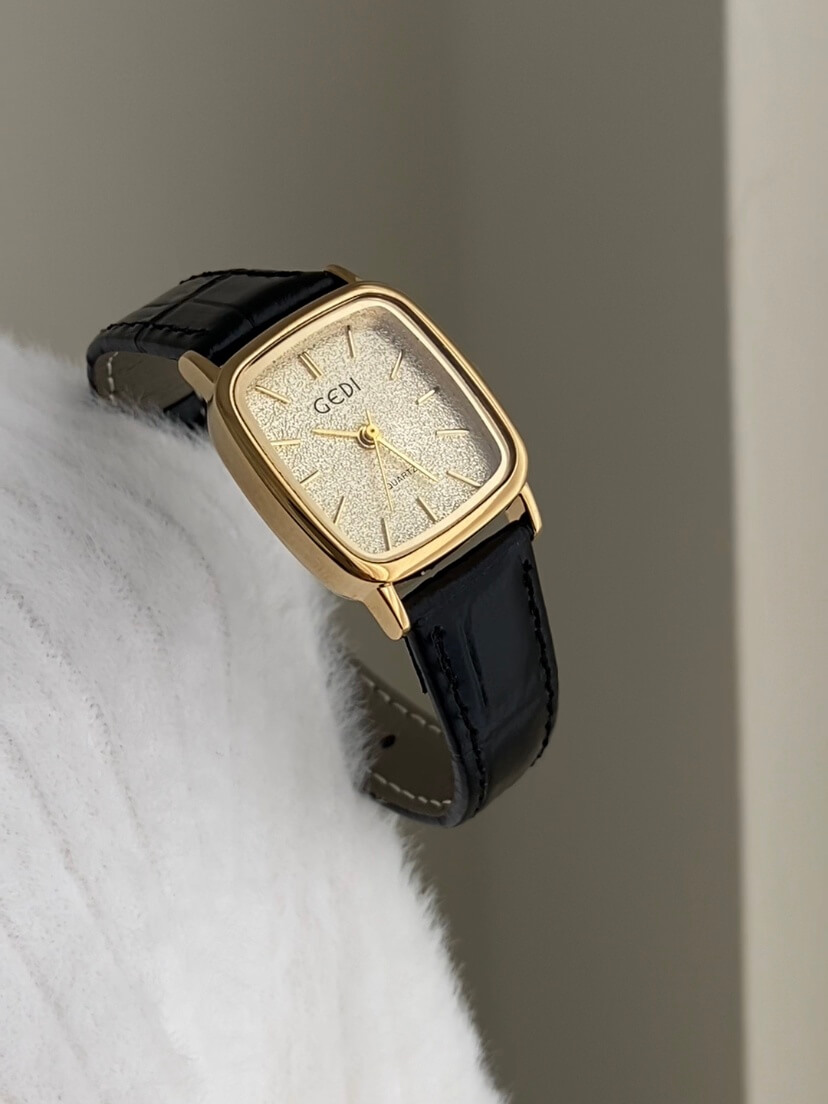 Vintage Style Gold Square Face Black/Brown Leather Watch