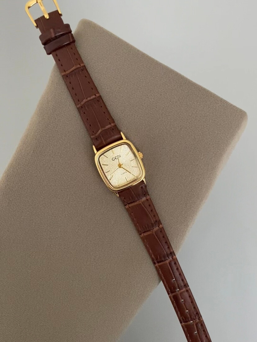 Vintage Style Gold Square Face Black/Brown Leather Watch