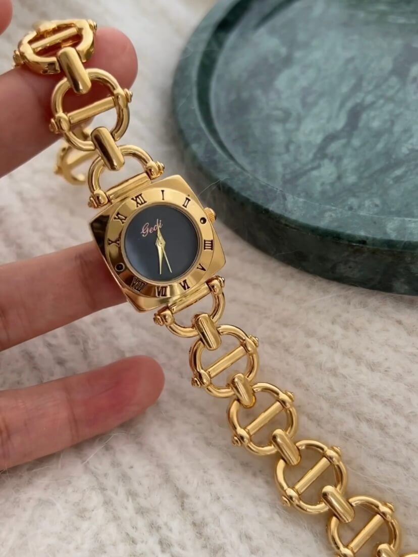 Chic Black/White Square Face Gold Bracelet Watch