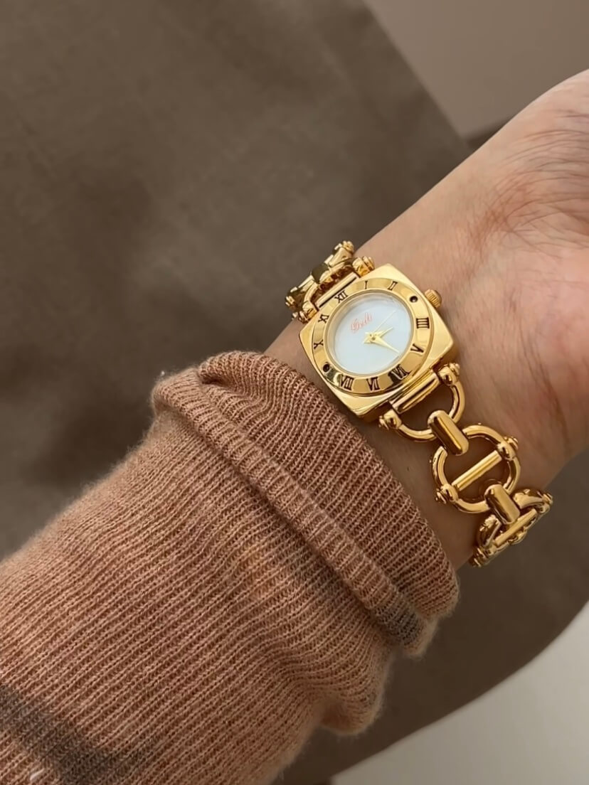 Chic Black/White Square Face Gold Bracelet Watch