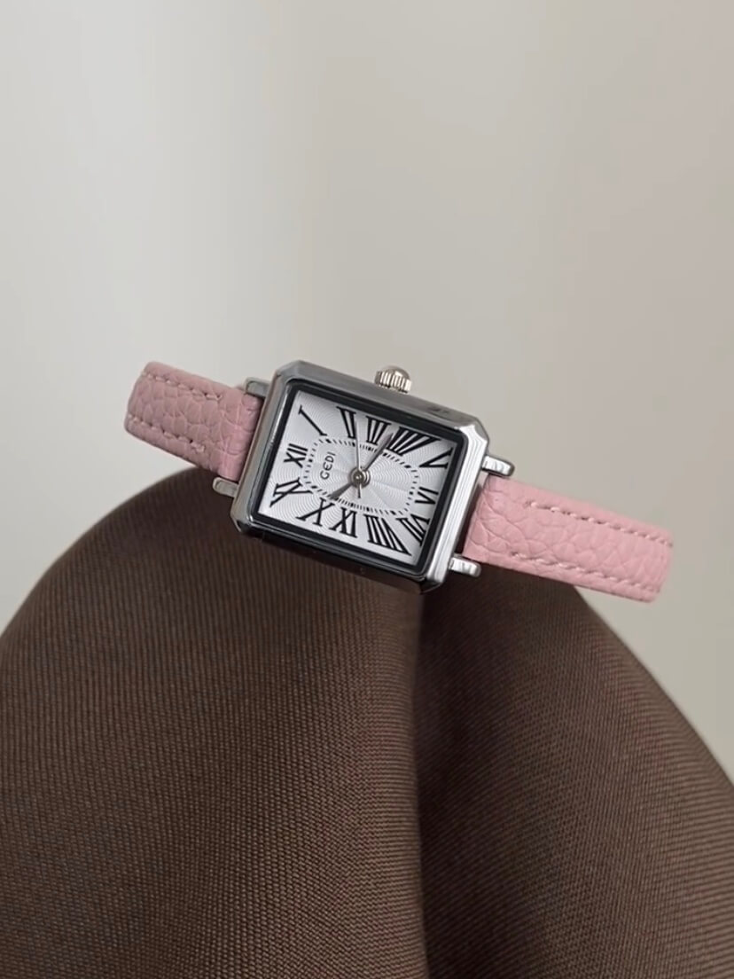 Rectangle Roman Numeral Dial Pink/Brown Leather Watch