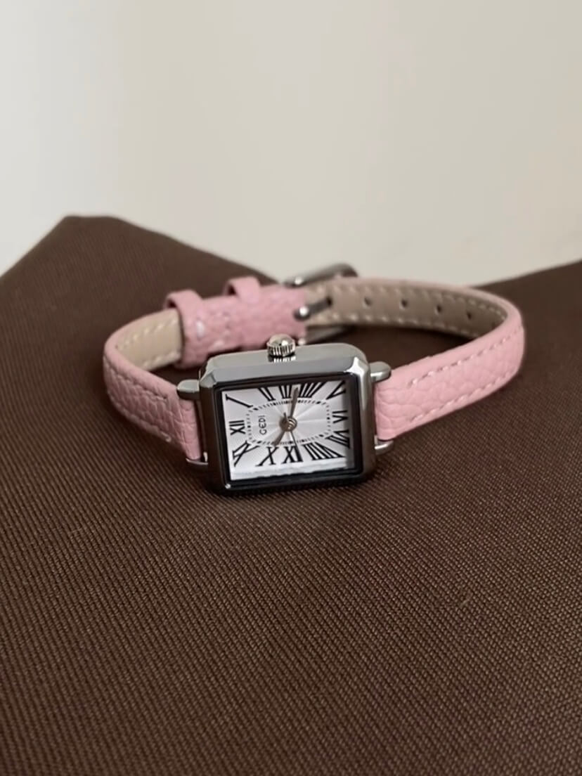 Rectangle Roman Numeral Dial Pink/Brown Leather Watch