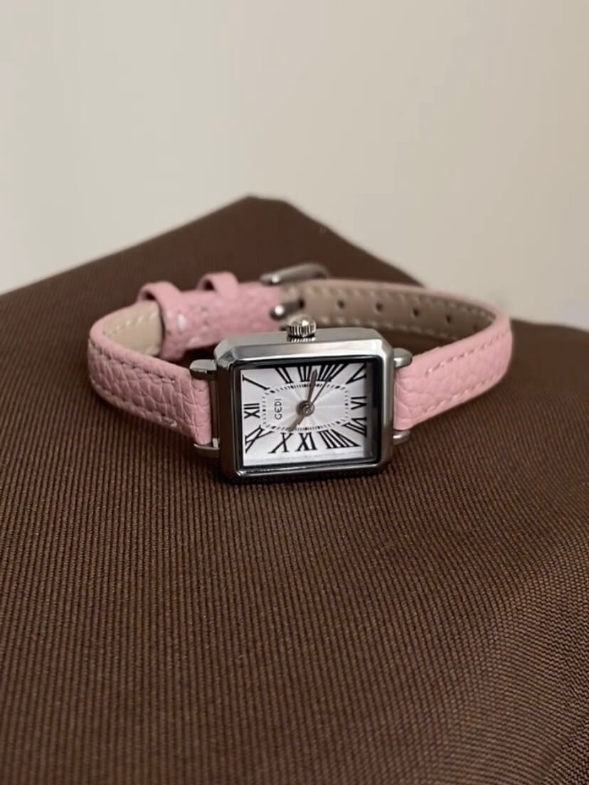 Rectangle Roman Numeral Dial Pink/Brown Leather Watch