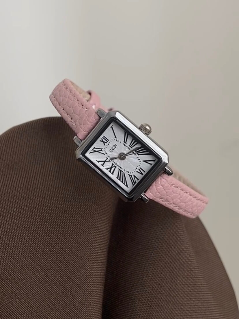 Rectangle Roman Numeral Dial Pink/Brown Leather Watch