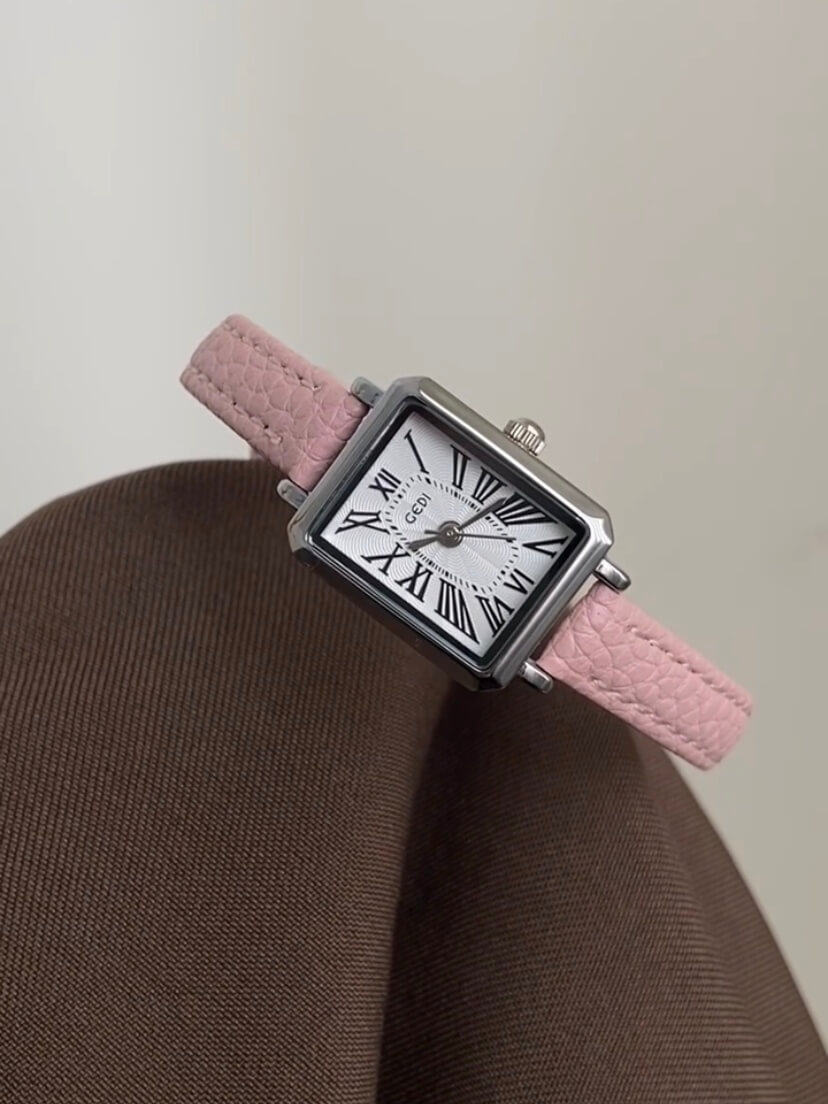Rectangle Roman Numeral Dial Pink/Brown Leather Watch