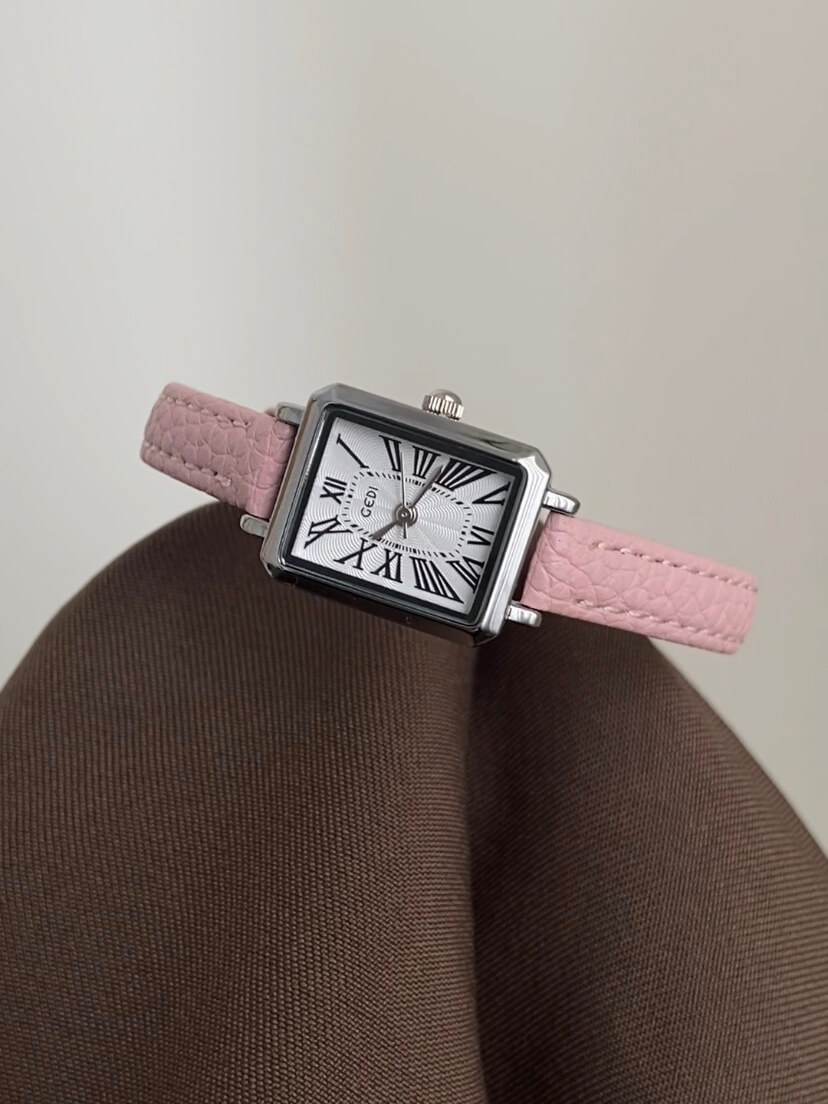 Rectangle Roman Numeral Dial Pink/Brown Leather Watch