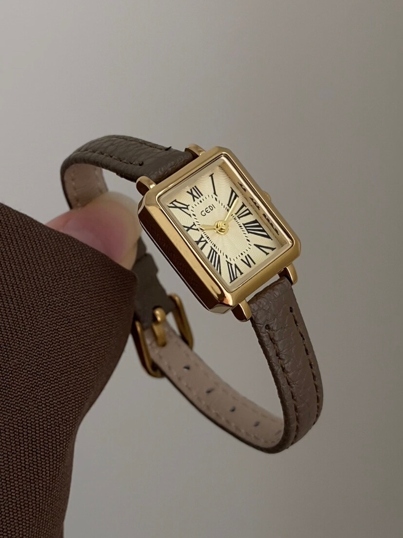 Rectangle Roman Numeral Dial Pink/Brown Leather Watch