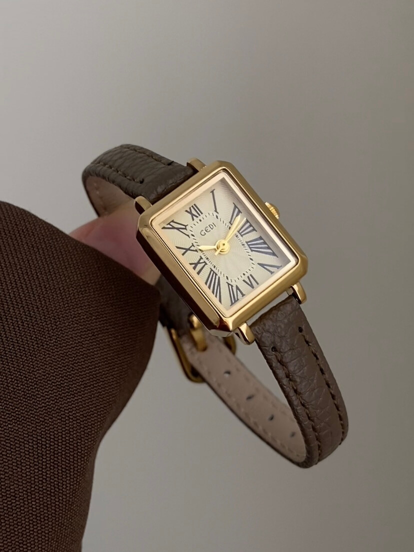 Rectangle Roman Numeral Dial Pink/Brown Leather Watch