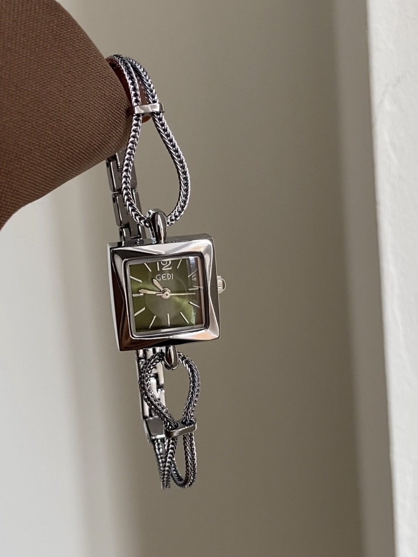 Minimalist Style Silver and Green Square Face Bracelet Watch