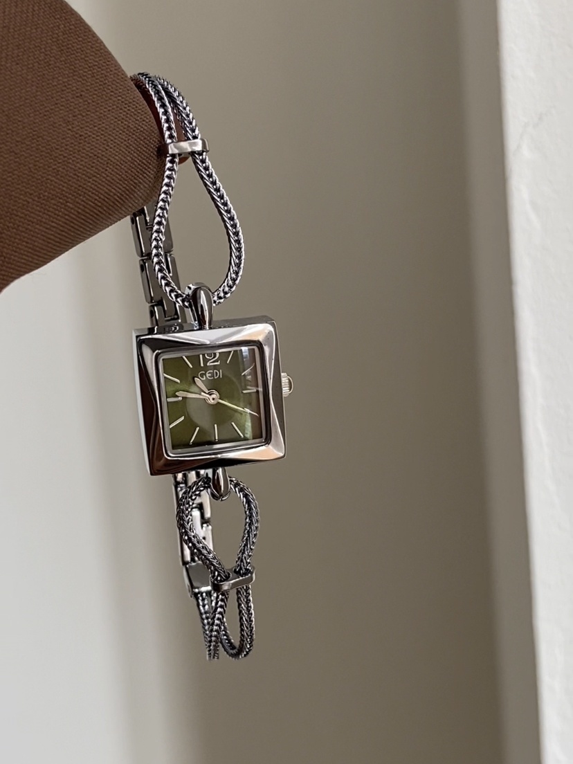 Minimalist Style Silver and Green Square Face Bracelet Watch