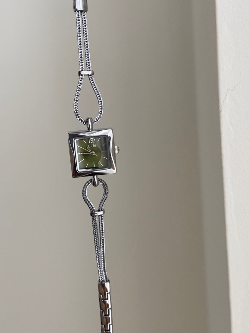 Minimalist Style Silver and Green Square Face Bracelet Watch