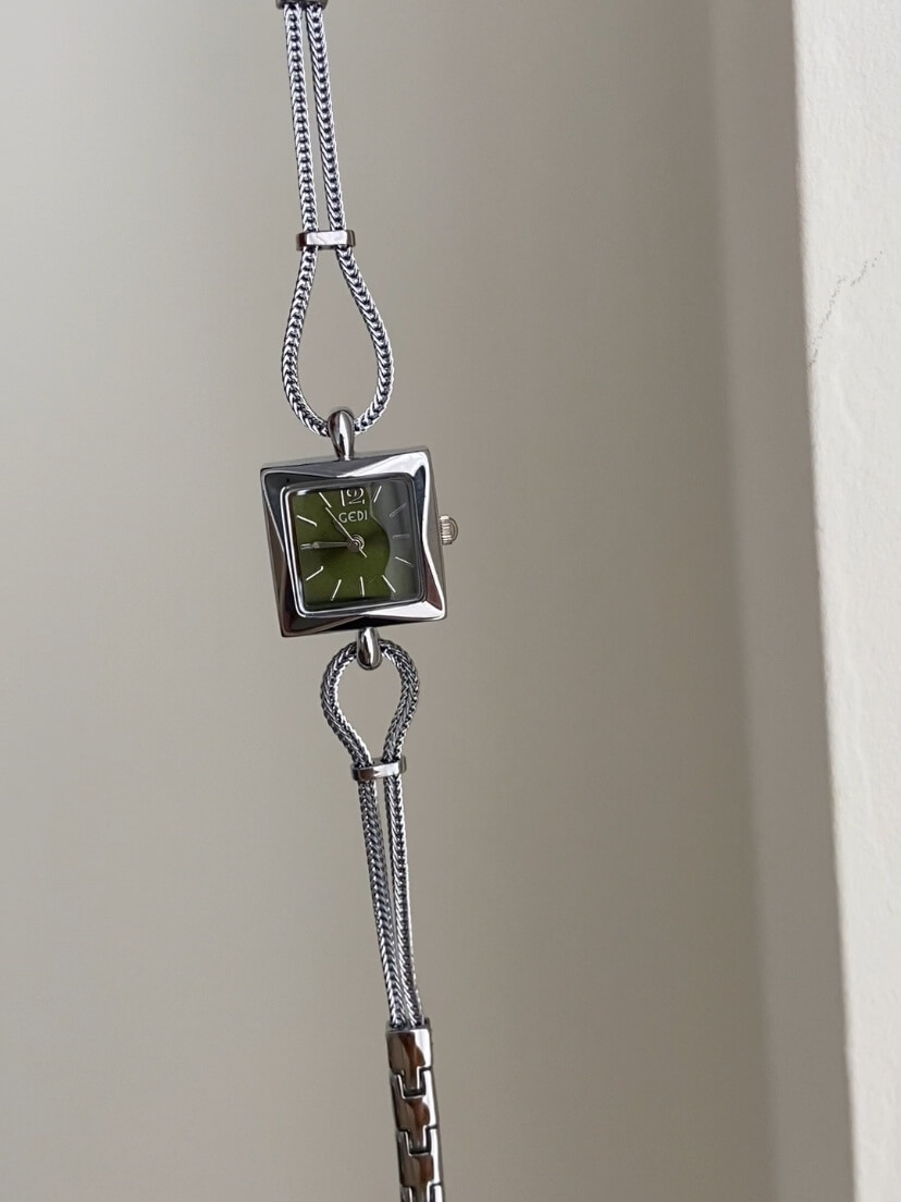 Minimalist Style Silver and Green Square Face Bracelet Watch