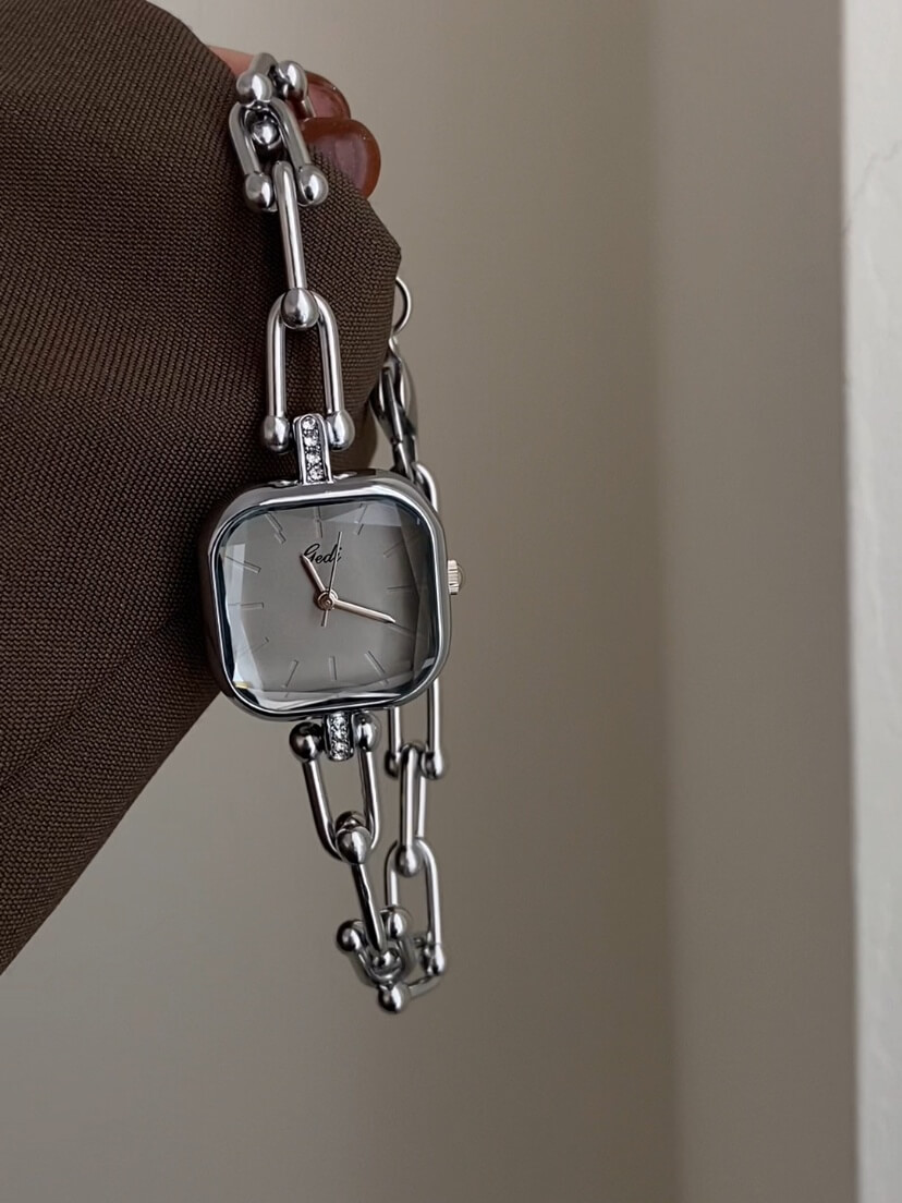 Chic Grey/White Square Face Silver Bracelet Watch