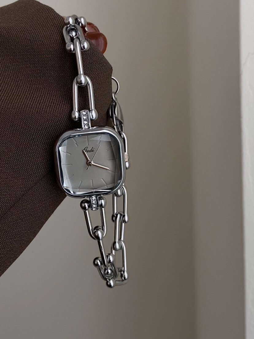 Chic Grey/White Square Face Silver Bracelet Watch