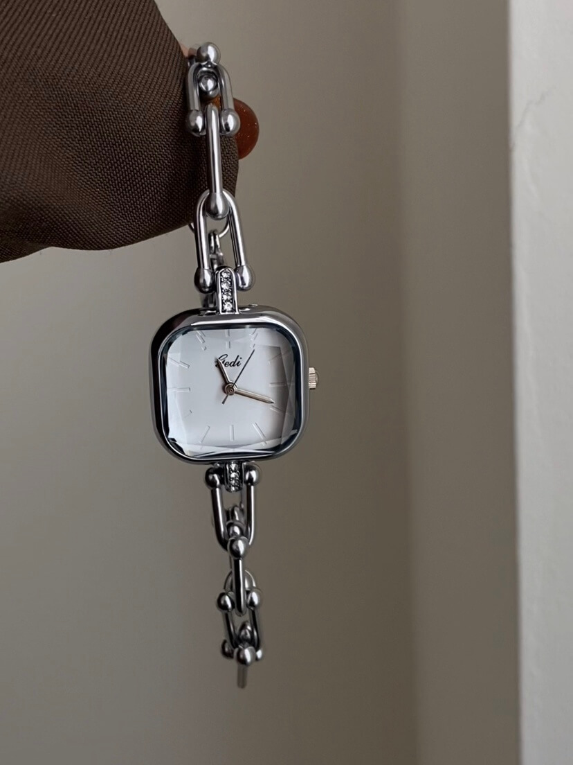 Chic Grey/White Square Face Silver Bracelet Watch