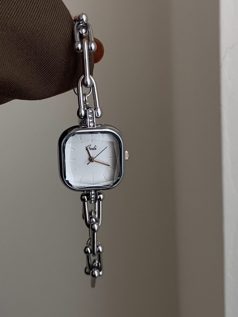 Chic Grey/White Square Face Silver Bracelet Watch