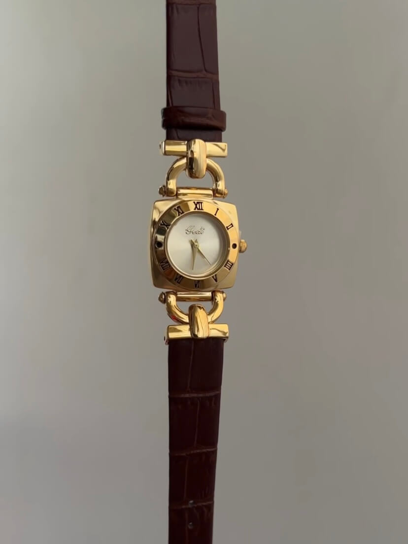 Vintage Green/White Square Face Brown/Black Leather Watch