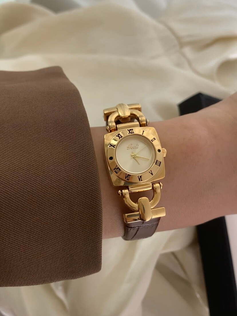 Vintage Green/White Square Face Brown/Black Leather Watch