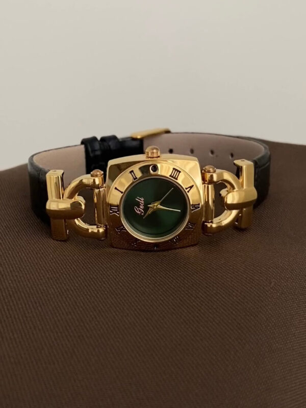Vintage Green/White Square Face Brown/Black Leather Watch