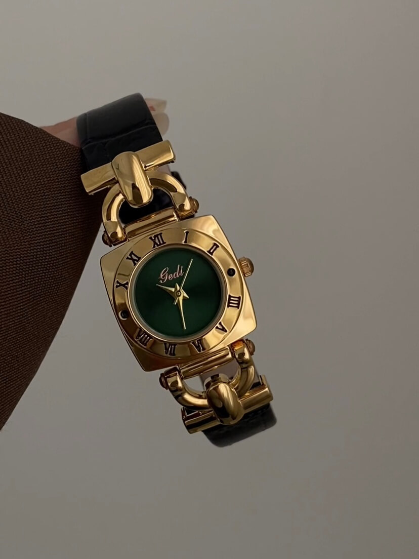 Vintage Green/White Square Face Brown/Black Leather Watch